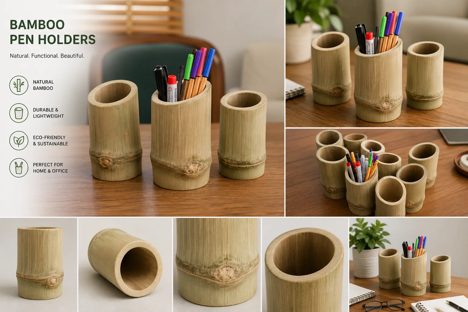 Three natural bamboo pen holders on a wooden desk, cut from single culms with visible node rings, holding an assortment of pens and markers.