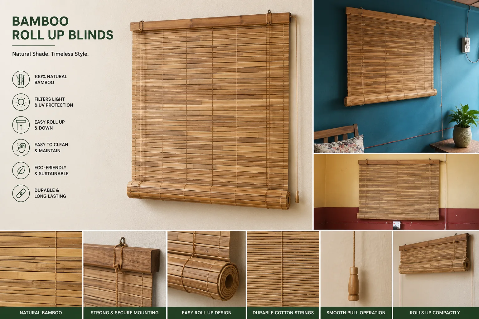 A honey-toned bamboo roll-up blind mounted over a window, its slim horizontal slats bound with twine and gathered into a neat roll at the top.