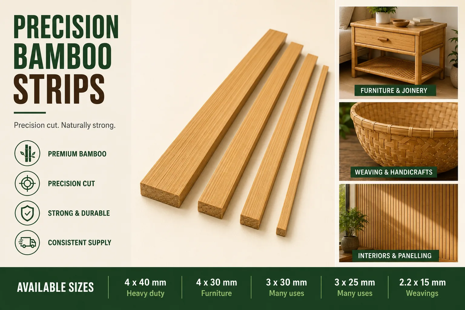A fan of precision-milled bamboo strips in several widths, showing clean square-cut ends and smooth, straight grain.