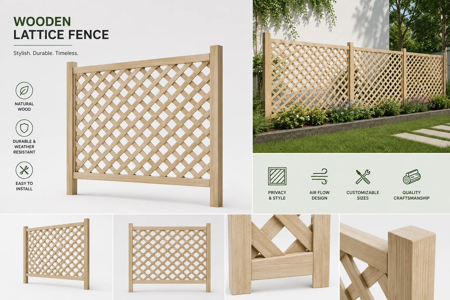 A framed wooden lattice fence panel with diagonal crossed slats set in a solid timber frame, standing along a planted garden border.